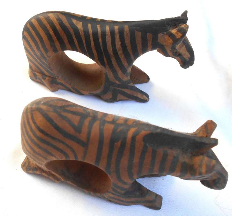 HANDMADE WOOD ZEBRA FIGURENE & TWO PAIRS OF DIFFERENT ZEBRA SHAPED NAPKIN RINGS