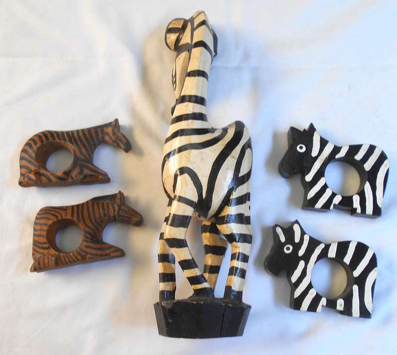 HANDMADE WOOD ZEBRA FIGURENE & TWO PAIRS OF DIFFERENT ZEBRA SHAPED NAPKIN RINGS