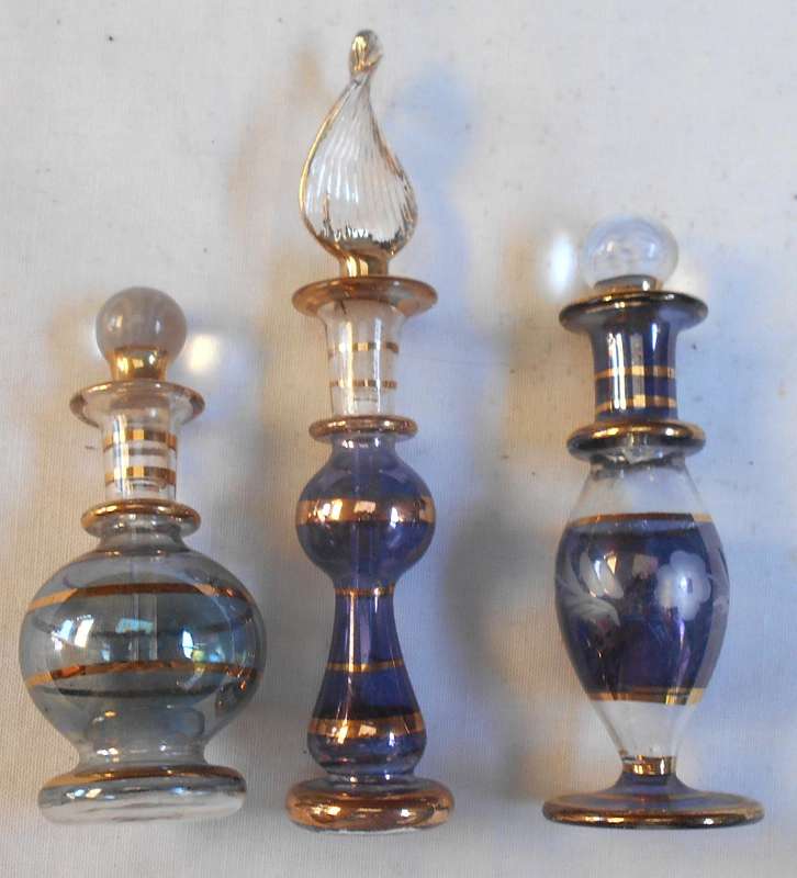 STUNNING three MINIATURE dark blue /purple COLOUR EGYPTIAN GLASS PERFUME BOTTLES WITH DAPPERS