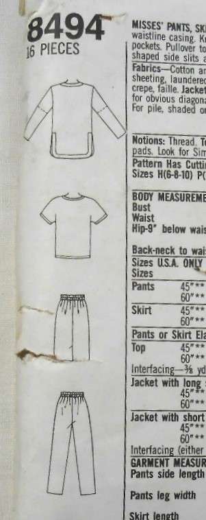 SIMPLICITY 8494 PANTS-SKIRT-TOP-UNLINED JACKET SIZE 12-16 COMPLETE-UNCUT-F/FOLDED-ZIPLOC