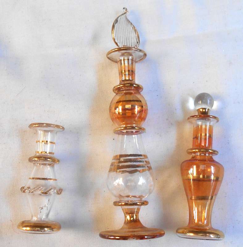STUNNING three MINIATURE amber/clear//gold COLOUR EGYPTIAN GLASS PERFUME BOTTLES WITH DAPPERS
