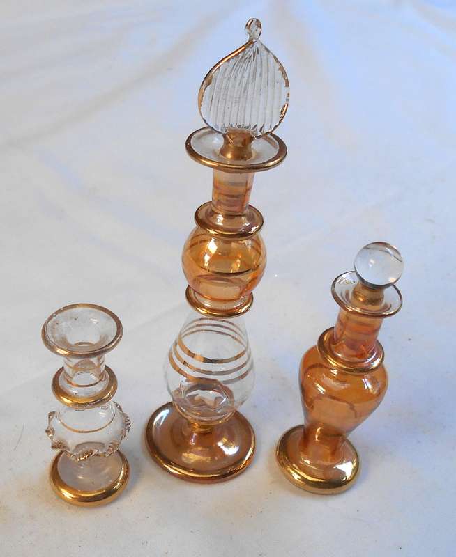 STUNNING three MINIATURE amber/clear//gold COLOUR EGYPTIAN GLASS PERFUME BOTTLES WITH DAPPERS