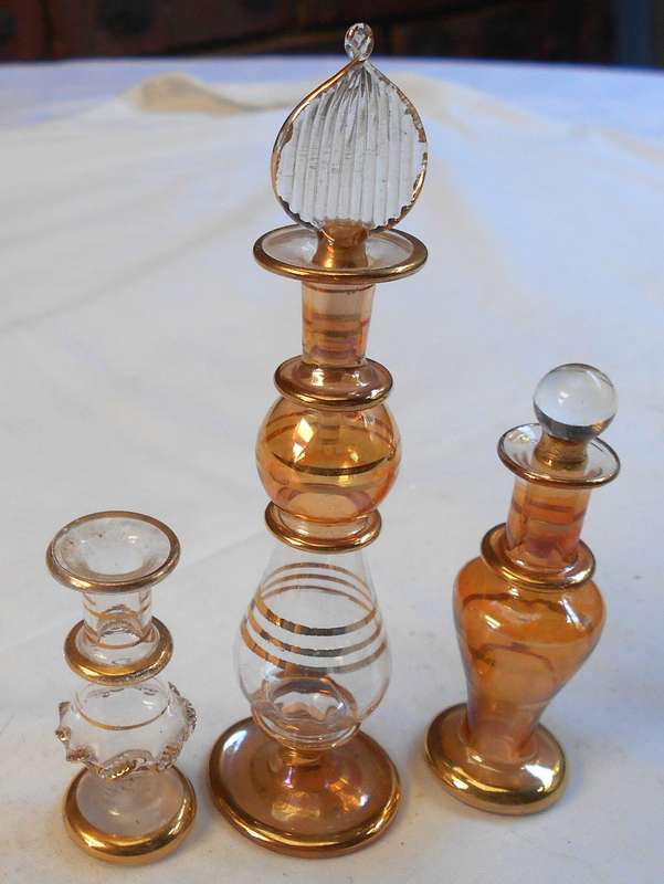 STUNNING three MINIATURE amber/clear//gold COLOUR EGYPTIAN GLASS PERFUME BOTTLES WITH DAPPERS