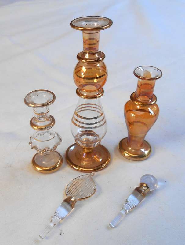 STUNNING three MINIATURE amber/clear//gold COLOUR EGYPTIAN GLASS PERFUME BOTTLES WITH DAPPERS