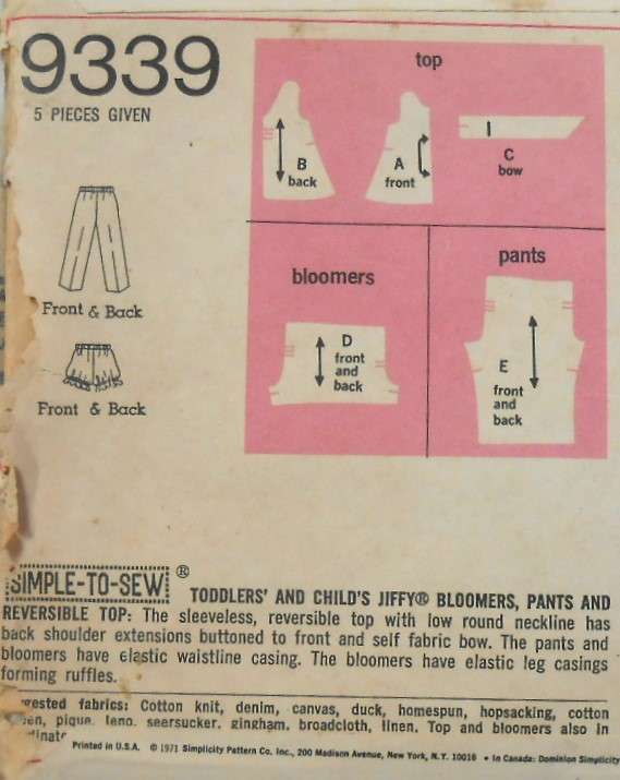 VINTAGE SIMPLICITY 9339 KIDS BLOOMERS-PANTS & REVERSIBLE TOP SIZE 4 YEARS COMPLETE-ZIPLOC