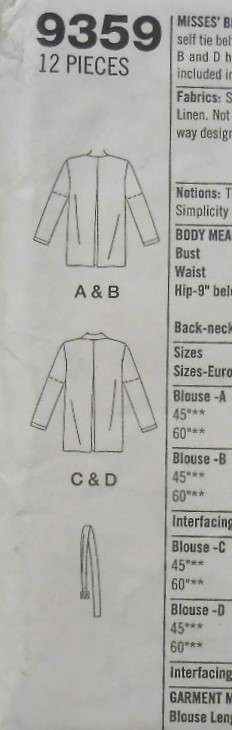 SIMPLICITY 9359 FRONT BUTTON BLOUSE SIZE 8-10-12 COMPLETE-CUT TO 12