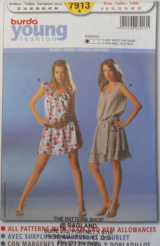 BURDA 7913 LOWERED WAIST MINI DRESS SIZE 6-18 COMPLETE-CUT TO 18