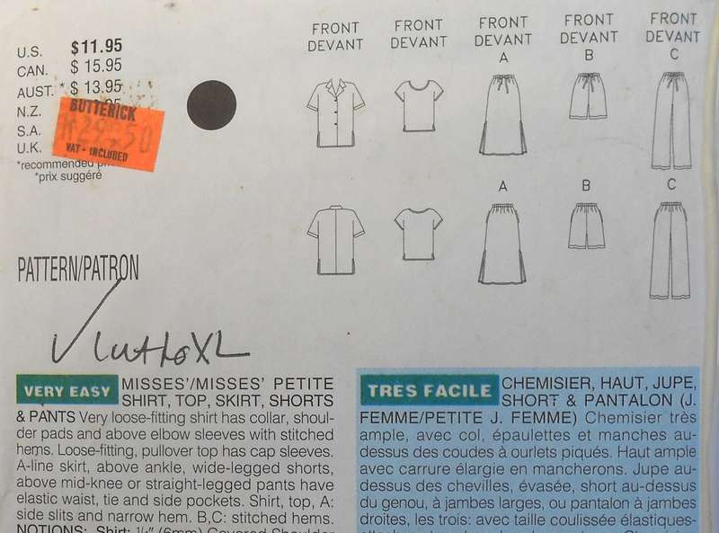 BUTTERICK 4507 SHIRT-TOP-SKIRT-SHORTS-PANTS SIZE L-XL (16-22) COMPLETE-CUT TO XL 20-22
