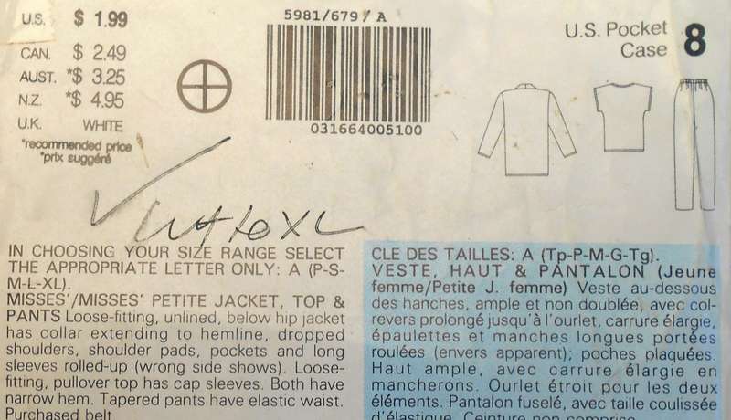 BUTTERICK 5981 JACKET-TOP-PANTS SIZE XS-XL (6-22) COMPLETE-CUT TO XL 20-22