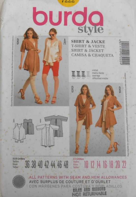 BURDA 7222 SHIRT & JACKET SIZE 10-22 COMPLETE CUT TO 14