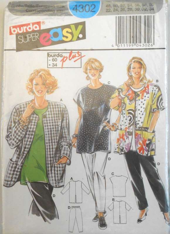 BURDA 4302 JACKET/TOP & PULL-ON PANTS SIZES 22-24-26-28-30-32-34 COMPLETE-UNCUT-F/FOLDED