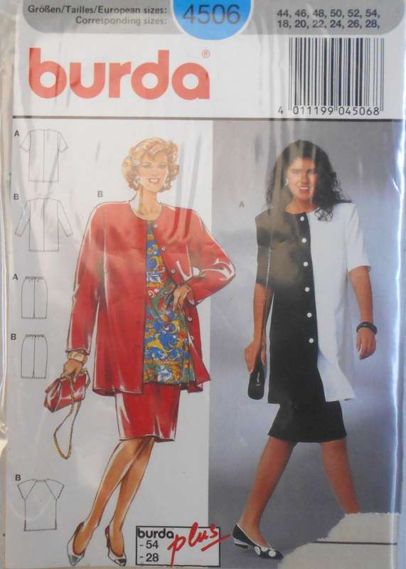BURDA 4506 LONG JACKET/TOP & SKIRT SIZES 18-20-22-24-26-28 COMPLETE-CUT TO 28