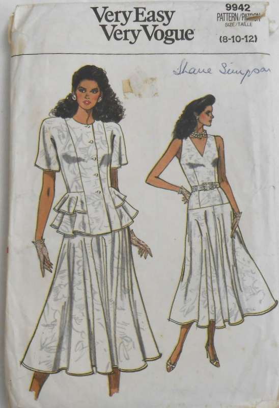 VOGUE 9942 SEMI FITTED UNLINED JACKET & DRESS SIZE 8-10-12 -COMPLETE-CUT TO 12