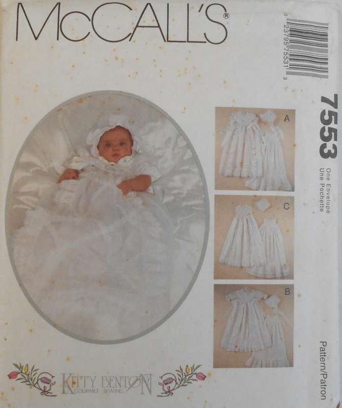 McCALLS 7553 INFANTS CHRISTENING GOWN-SLIP-BONNET SIZE NB-S-M (7-18 LBS)-COMPLETE-UNCUT-F/FOLDED