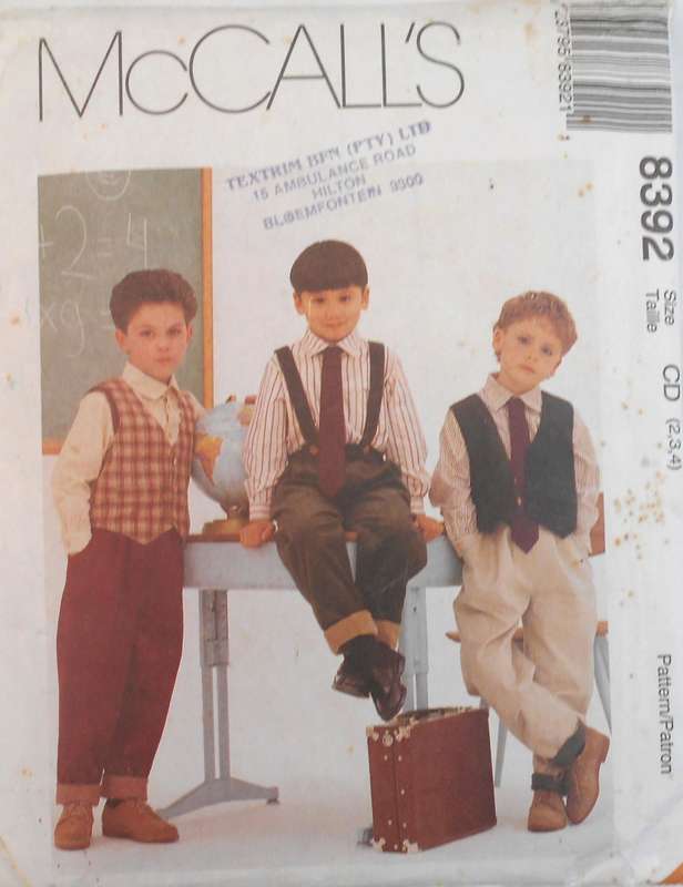 McCALLS 8392 BOYS LINED WAISTCOAT-SHIRT-PANTS-TIE SIZE 2-3-4 YEARS-COMPLETE-MOSTLY UNCUT TO SIZE 4