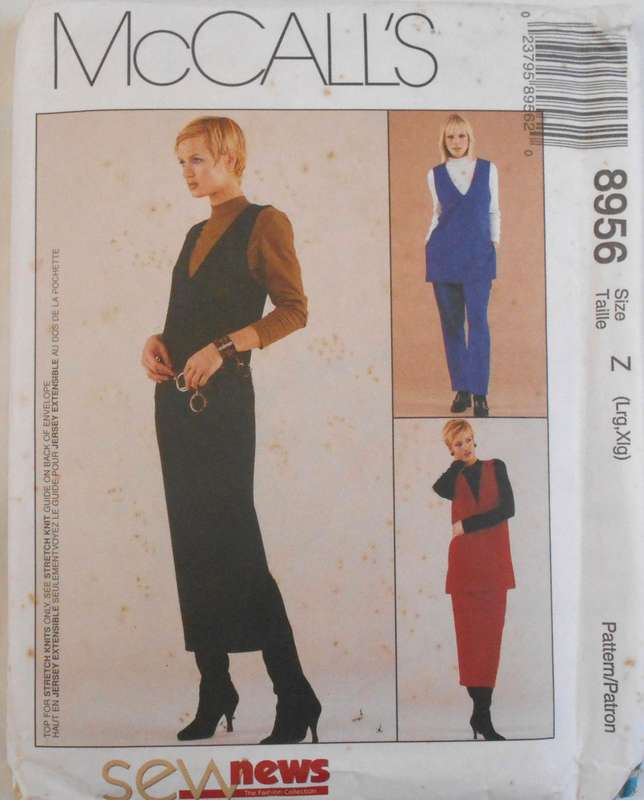 McCALLS 8956 PINAFORE-TUNIC-PULL ON PANTS-SKIRT-TOP SIZE L-XL (16-22)-COMPLETE-UNCUT-F/FOLDED