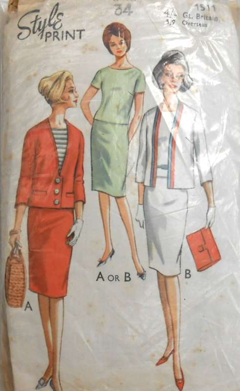 VERY VINTAGE STYLE PRINT 1511 CARDIGAN JACKET-SLIM SKIRT-OVERBLOUSE SIZE BUST 34 - COMPLETE-ZIPLOC