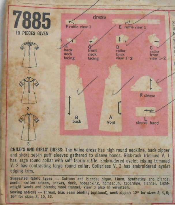 V/VINTAGE SIMPLICITY 7885 CHILD DRESS SIZE 4 YEARS COMPLETE-ZIPLOC