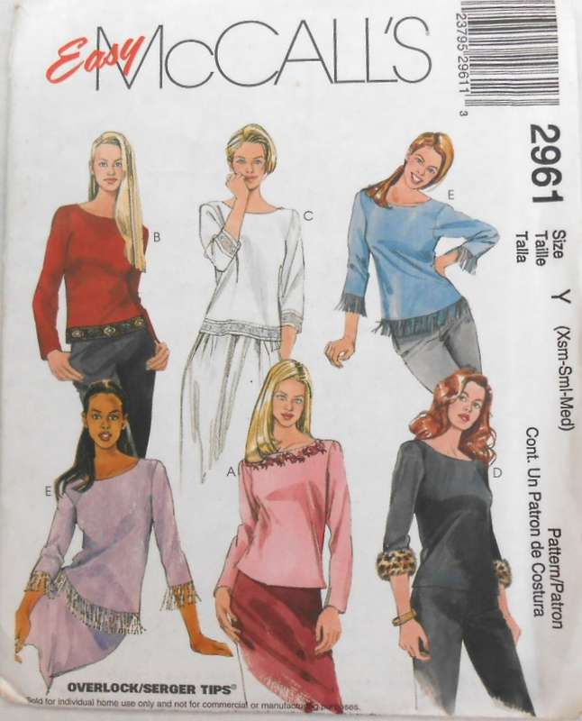 McCALLS 2961 SET OF TOPS SIZE  XS-S-M (4-14) COMPLETE-UNCUT-F/FOLDED