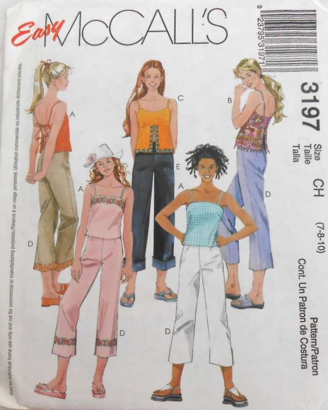McCALLS 3197 GIRLS LINED TOPS & CROPPED PANTS SIZE 7-8-10 YEARS COMPLETE-UNCUT-F/FOLDED