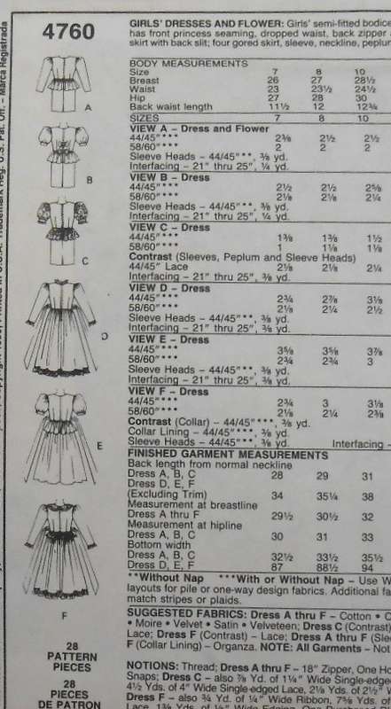 McCALLS 4760 GIRLS DRESS & FLOWER SIZE 7 YEARS COMPLETE-UNCUT-F/FOLDED