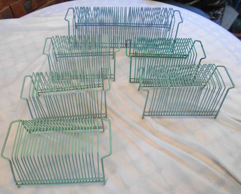 5 small (hold 25 LPS) & 1 large (holds 48 LPS) VINYL RECORD STANDS-5 GREEN & 1 BLUE-SOLD SEPARATELY