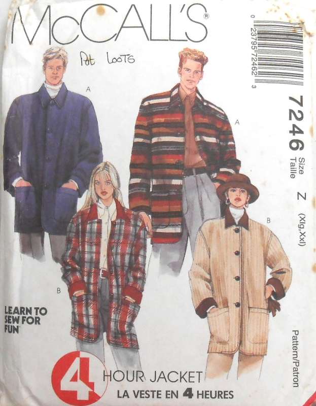 McCALLS 7246 UNISEX LINED OR UNLINED CASUAL JACKET SIZE XL-XXL (42-48) COMPLETE-UNCUT-F/FOLDED