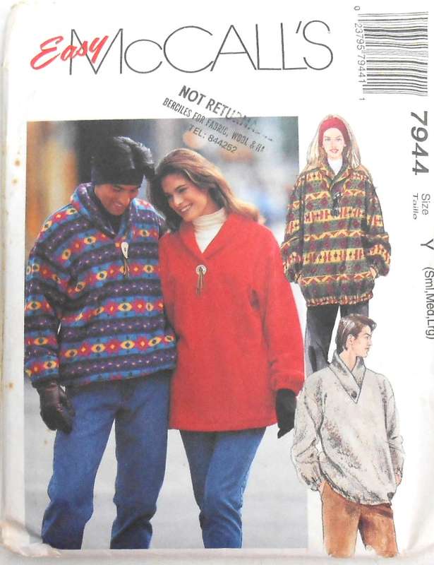 McCALLS 7944 UNISEX CASUAL SWEATSHIRT TOPS SIZE S-M-L 31 1/2-40) COMPLETE-CUT TO 34-36 MEDIUM