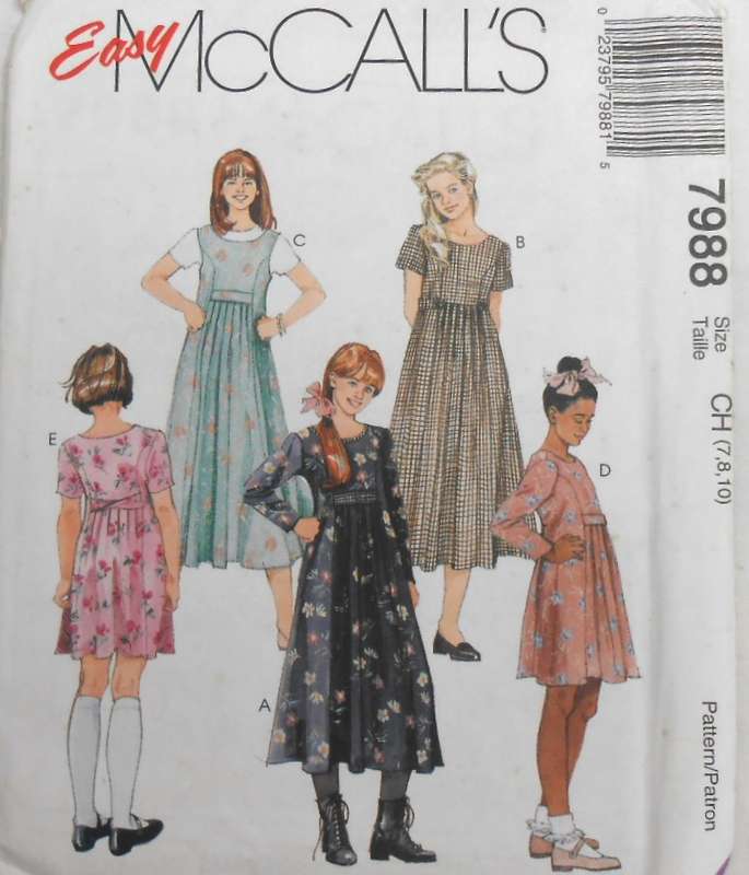 McCALLS 7988 GIRLS LOOSE FITTING PULLOVER DRESSES SIZE 7-8-10 YEARS COMPLETE-UNCUT-F/FOLDED