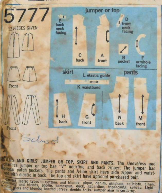 SIMPLICITY 5777 GIRLS PINAFORE-TOP-SKIRT-PANTS SIZE 10 YRS BREAST 73 CM-COMPLETE