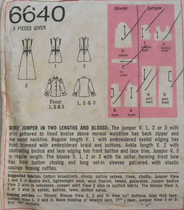 SIMPLICITY 6640 GIRLS PINAFORE & BLOUSE SIZE 7 YEARS BREAST 28-COMPLETE-NO SEWING INSTRUCTIONS