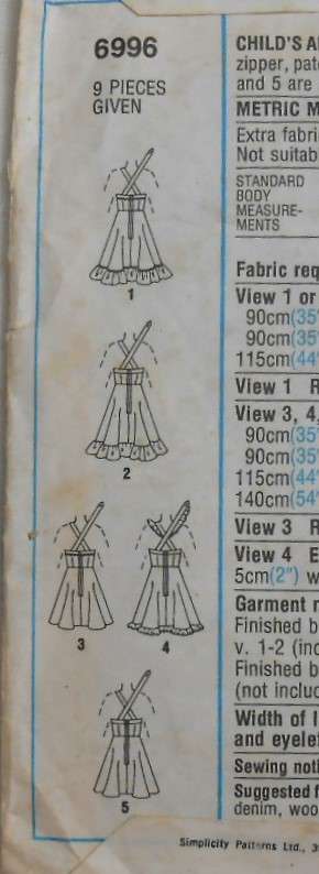 SIMPLICITY 6996 GIRLS DRESS OR PINAFORE SIZE 7 YEARS BREAST 66 CM-COMPLETE