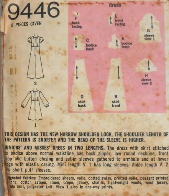 VINTAGE SIMPLICITY 9446 DRESS IN 2 LENGTHS SIZE 12 BUST 34 COMPLETE-ZIPLOC