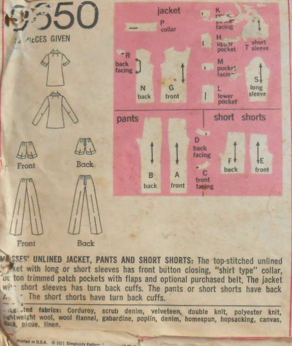 VINTAGE SIMPLICITY 9850 UNLINED JACKET-PANTS-SHORT SHORTS SIZE 12 BUST 34 COMPLETE