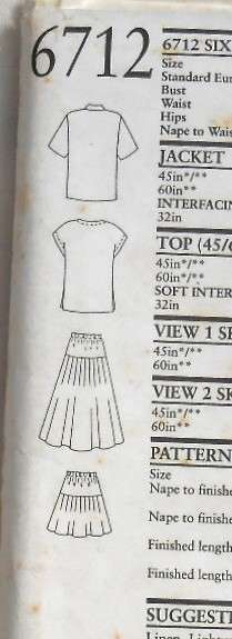 NEW LOOK PATTERNS 6712 JACKET-TOP-SKIRT IN 2 LENGTHS SIZES 8-18 COMPLETE-MOSTLY UNCUT TO 18