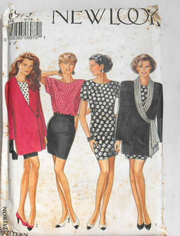 NEW LOOK PATTERNS 6975 DRESS-TOP-SKIRT-JACKET WITH SIDE TIE SIZES 8-18 COMPLETE-UNCUT-F/FOLDED
