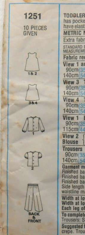 STYLE 1251 TODDLER PINAFORE DRESS-TUNIC-BLOUSE-PANTS SIZE 1 YEAR CHEST 51 CM COMPLETE-ZIPLOC