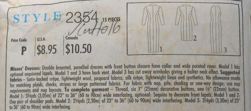 STYLE 2364 DOUBLE BREASTED FRONT BUTTON PANELLED DRESS SIZE 8-18 COMPLETE CUT TO 16
