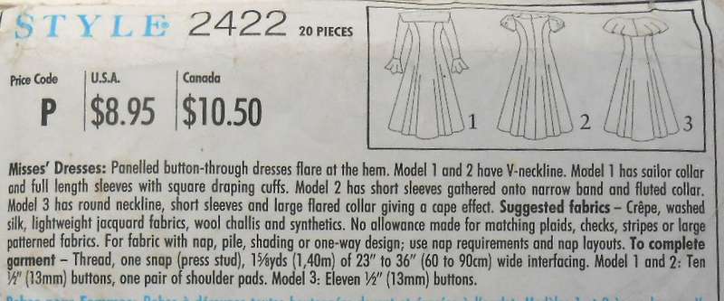 STYLE 2422 FLARED FRONT BUTTON PANELLED DRESS SIZE 8-18 COMPLETE-UNCUT-F/FOLDED