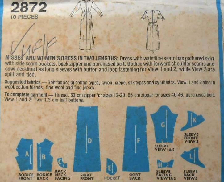 STYLE 2872 DRESS WITH COWL NECKLINE SIZE 46 BUST 127 CM COMPLETE-UNCUT-F/FOLDED