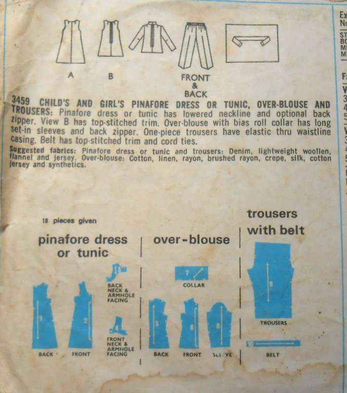 VINTAGE STYLE 3459 GIRLS PINAFORE DRESS-TUNIC-OVERBLOUSE-PANTS SIZE 8 YEARS COMPLETE-ZIPLOC