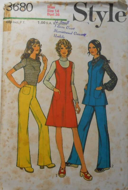 VINTAGE STYLE 3680 PINAFORE DRESS-TUNIC-PANTS SIZE 14 BUST 36 COMPLETE-PANTS UNCUT