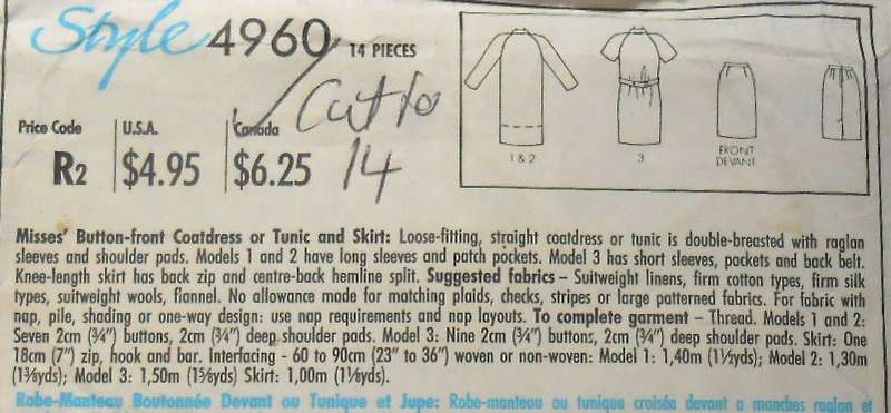 STYLE 4960 FRONT BUTTON COAT DRESS-TUNIC-SKIRT SIZE 6-14 COMPLETE-CUT TO 14