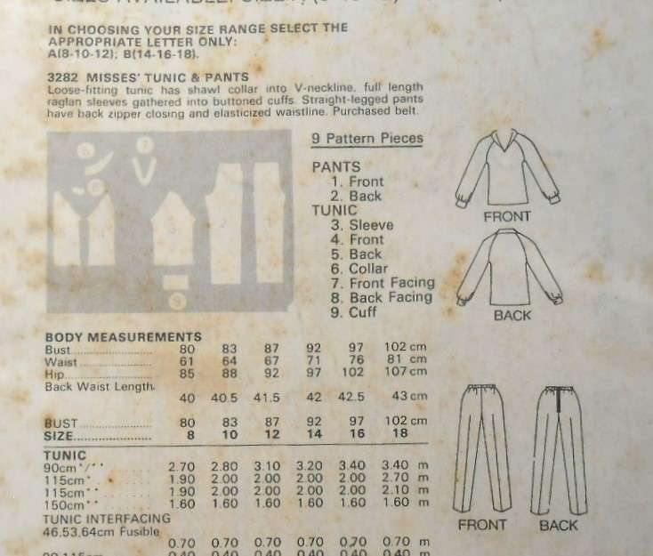BUTTERICK 3282 TUNIC & PANTS SIZE 8-10-12 COMPLETE-UNCUT-F/FOLDED