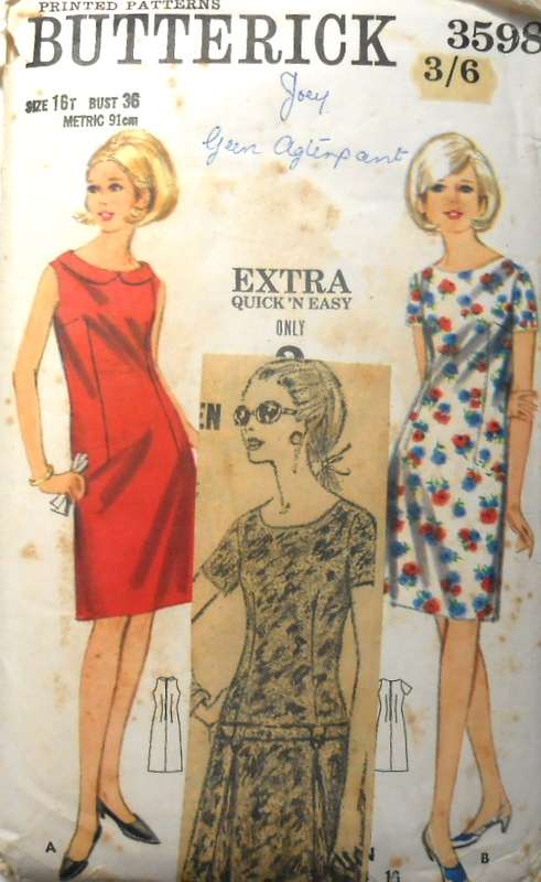 VINTAGE BUTTERICK 3598 ONE PIECE DRESS SIZE 16T BUST 36 - THE SLEEVE6 NOT SUPPLIED