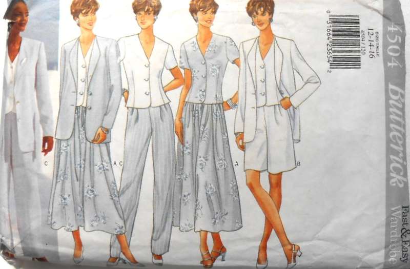 BUTTERICK 4504 JACKET-TOP-SKIRT-SHORTS-PANTS SIZE 12-14-16 COMPLETE-CUT TO 16