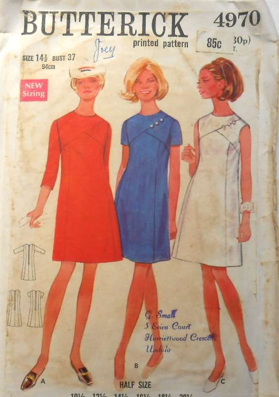 VINTAGE BUTTERICK 4970 ONE PIECE DRESS SIZE 14 1/2 BUST 37 COMPLETE SUPPLIED IN ENVELOPE