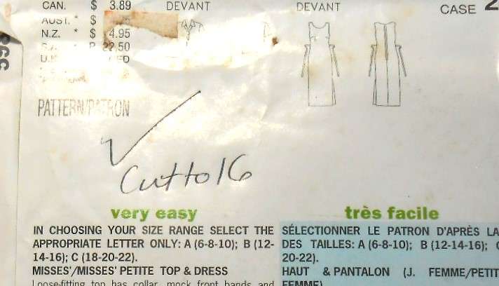 BUTTERICK 5987 TOP & DRESS SIZE 12-14-16 COMPLETE CUT TO 16