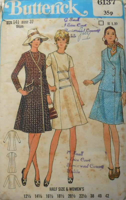 VINTAGE BUTTERICK 6137 DRESS-COAT-JACKET SIZE 14 1/2 BUST 37 COMPLETE-NO SEWING INSTRUCTIONS SUPPLIE