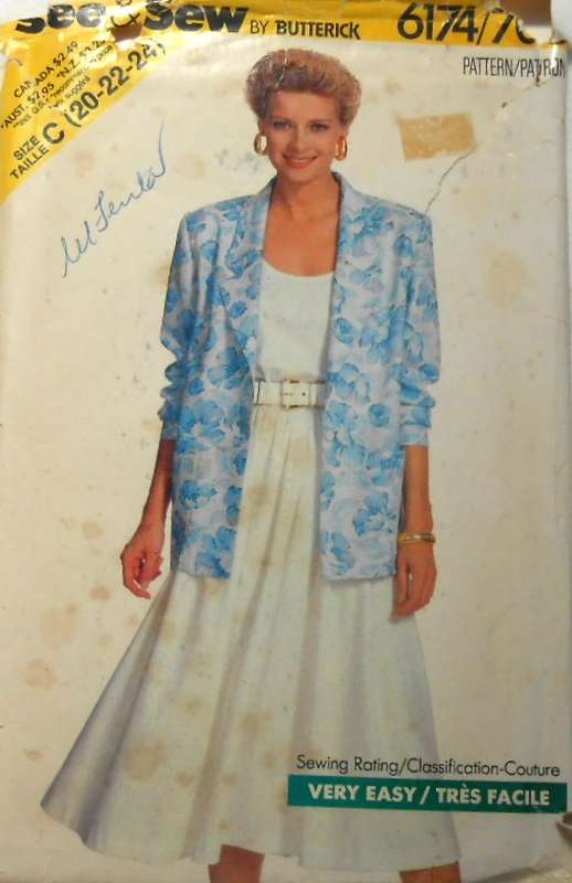 BUTTERICK 6174 JACKET-TOP-SKIRT SIZE 20-22-24 COMPLETE-UNCUT-F/FOLDED